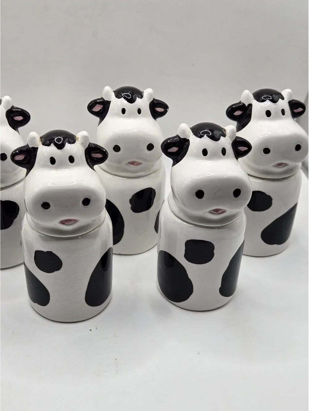 Vtg Ceramic Cow Spice Jars Shakers Set of 7 Black White Country Kitchen AS IS